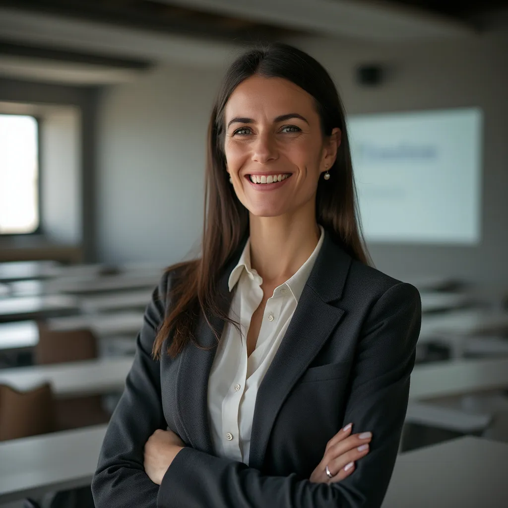 Female instructor, financial expert, smiling